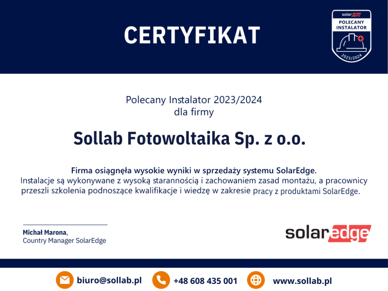 Sollab Fotowoltaika Polecanym Instalatorem 2023/2024 firmy SolarEdge!
