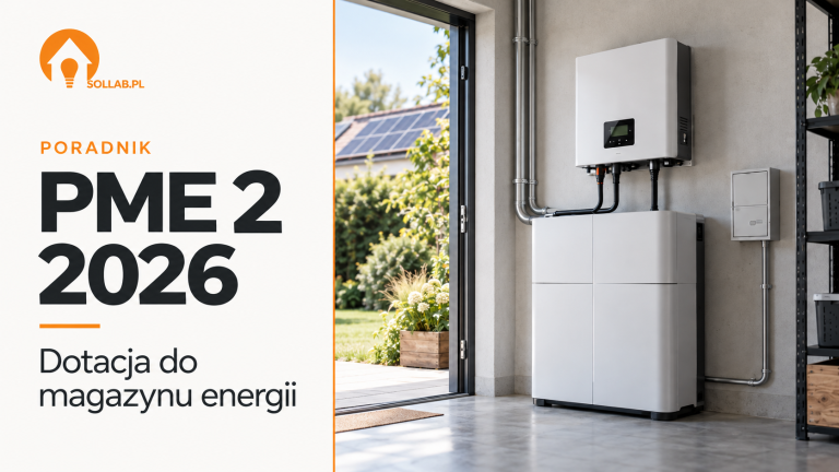 PME 2 2026 – dotacja do magazynu energii. Poradnik SOLLAB z ilustracją domowego magazynu i falownika.